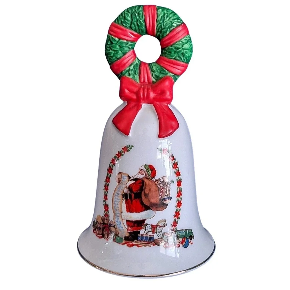 Avon Christmas 1995 Porcelain Bell Santa Claus Wreath Handle Fine Collectibles